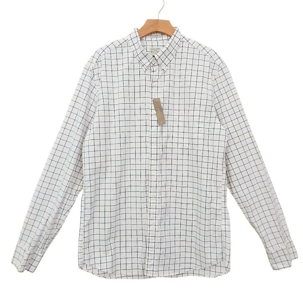 J Crew Mens Large White Shirt Slim Fit Stretch Checked Long Sleeve Workwear
